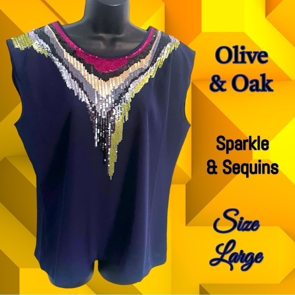 Olive and Oak Sparkle and Sequin Neckline Top Navy Pink Green Silver Size Large